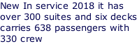 New In service 2018 it has  over 300 suites and six decks carries 638 passengers with 330 crew
